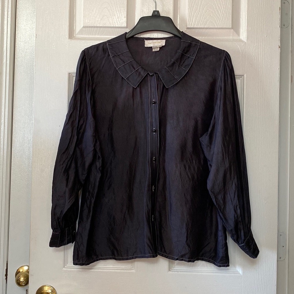 VTG Four Seasons Black Purple Silk Spiderweb Collar Blouse